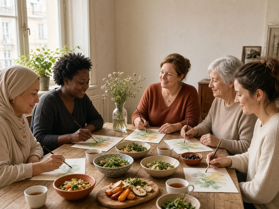 Frauen sitzen gemeinsam am Tisch, malen mit Aquarellfarben und teilen Essen und Tee