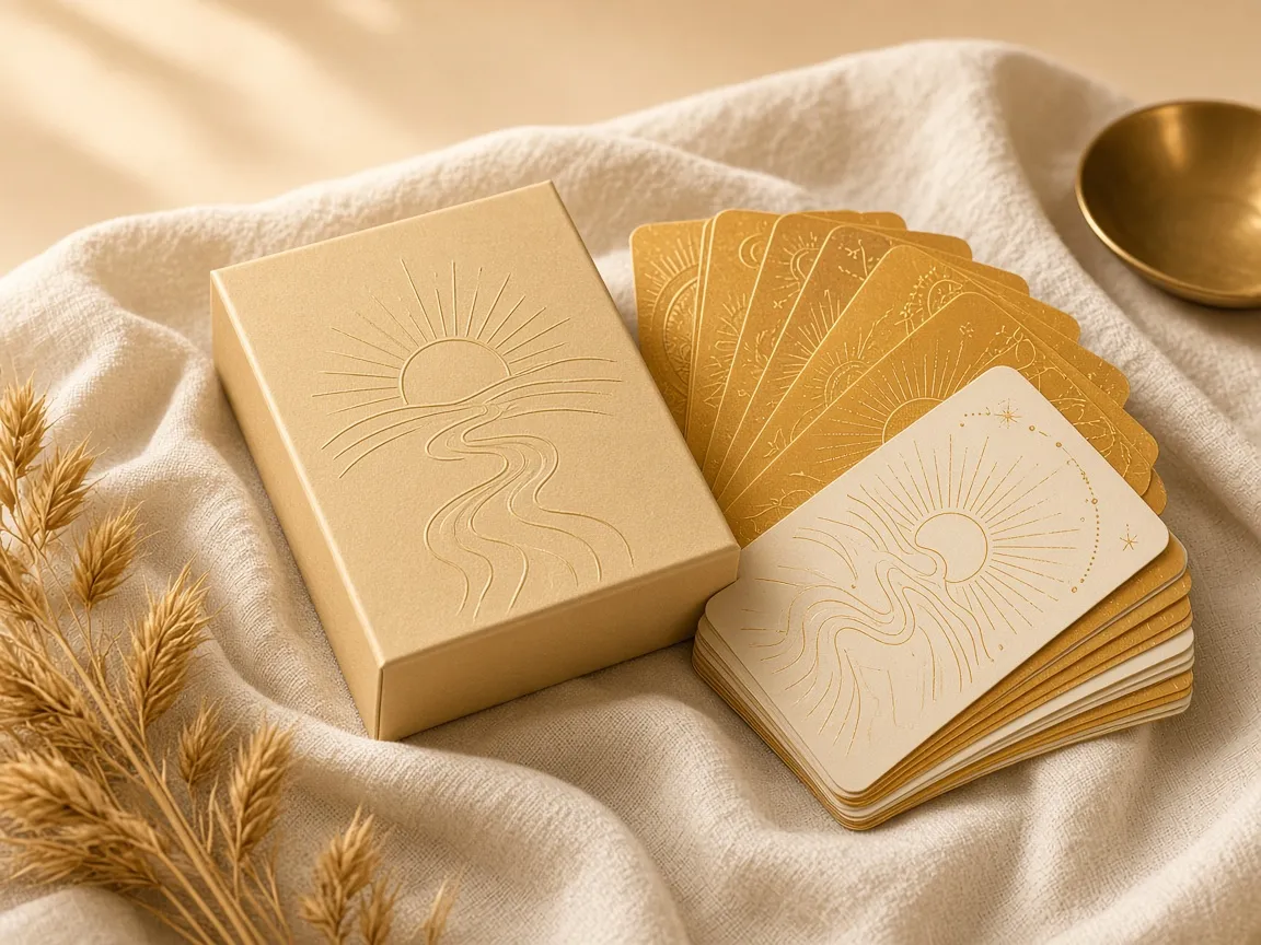 Golden Path Orakel: goldene Kartenbox mit Sonnen- und Weg-Motiv und aufgefächerten goldenen Karten auf hellem Leinen