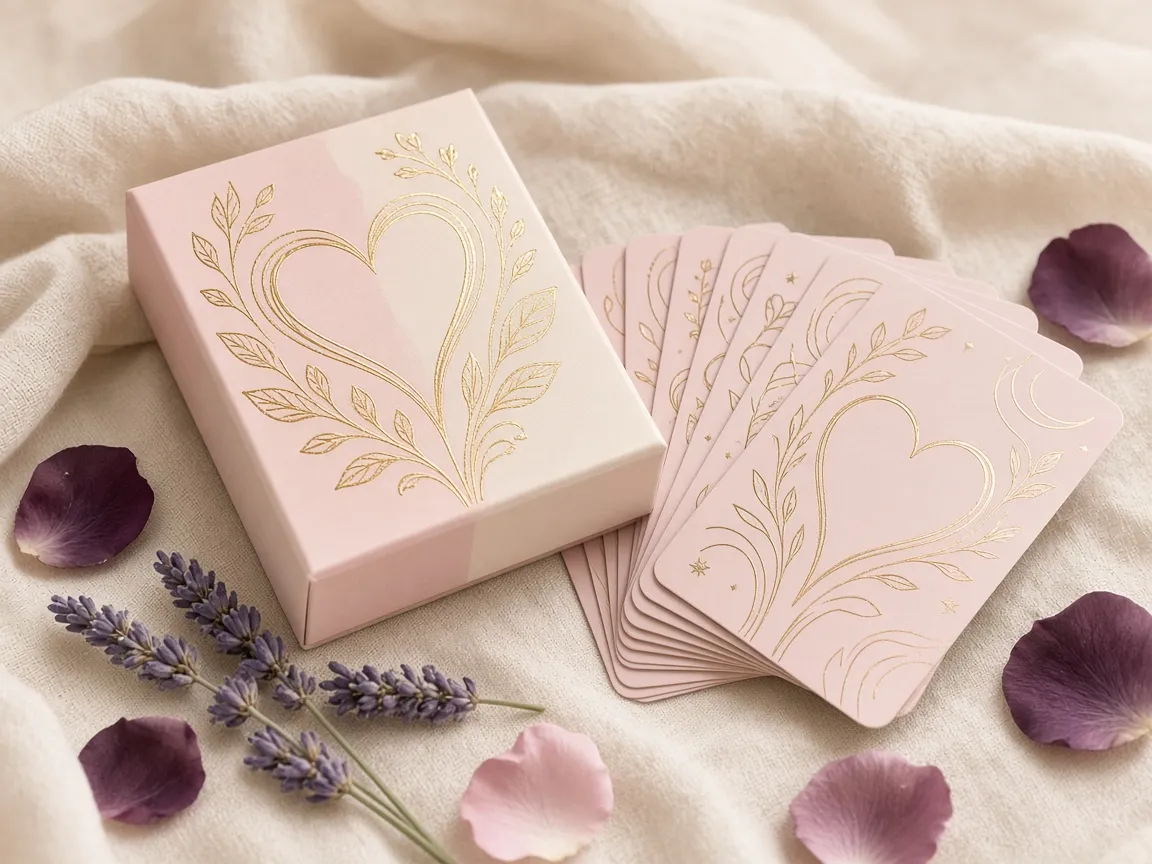 Love Affairs Orakel: zartrosa Kartenbox mit goldenem Herz-Ornament und aufgefächerten Karten, daneben Lavendel und Rosenblätter