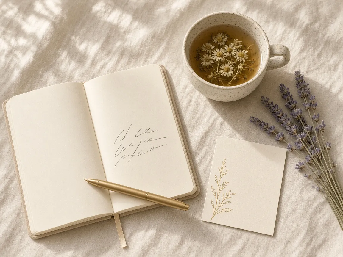 Aufgeschlagenes Notizbuch mit goldenem Stift, eine Tasse Kräutertee, eine Karte mit goldener Zeichnung und Lavendel auf hellem Leinen