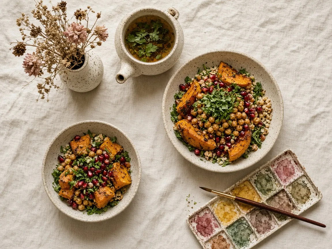 Vegane Bowls mit Ofenkürbis, Kichererbsen und Granatapfel, daneben Kräutertee und ein Aquarellkasten