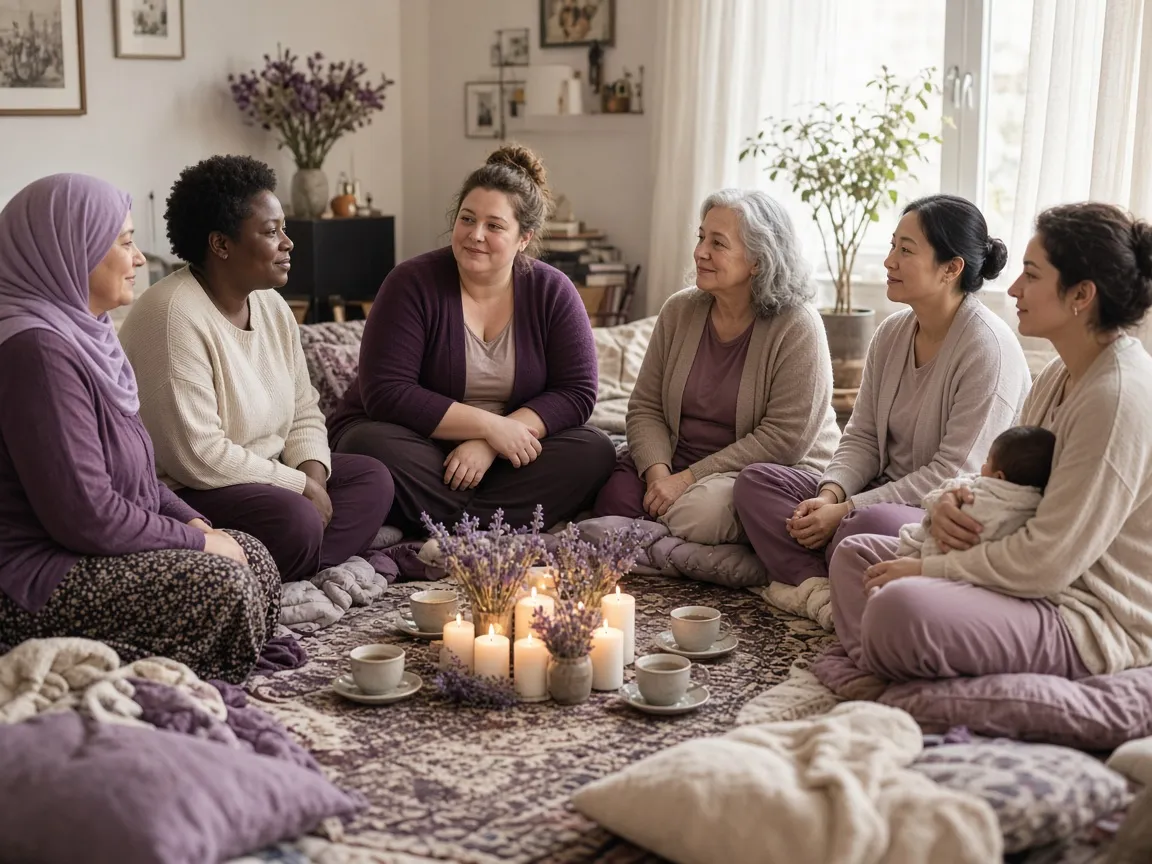 Frauen sitzen im Kreis bei Kerzenlicht und Tee und hören einander zu