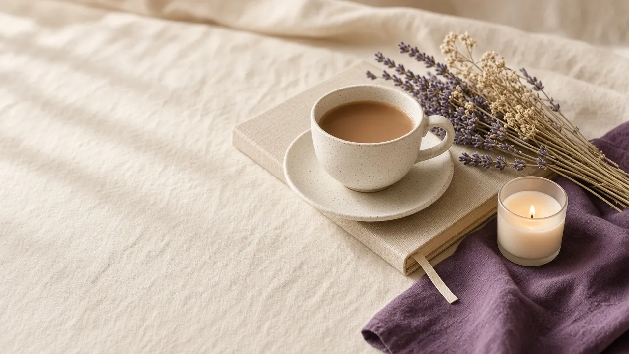 Eine Tasse Tee auf einem Leinen-Notizbuch, daneben Lavendel, eine Kerze und eine pflaumenfarbene Serviette