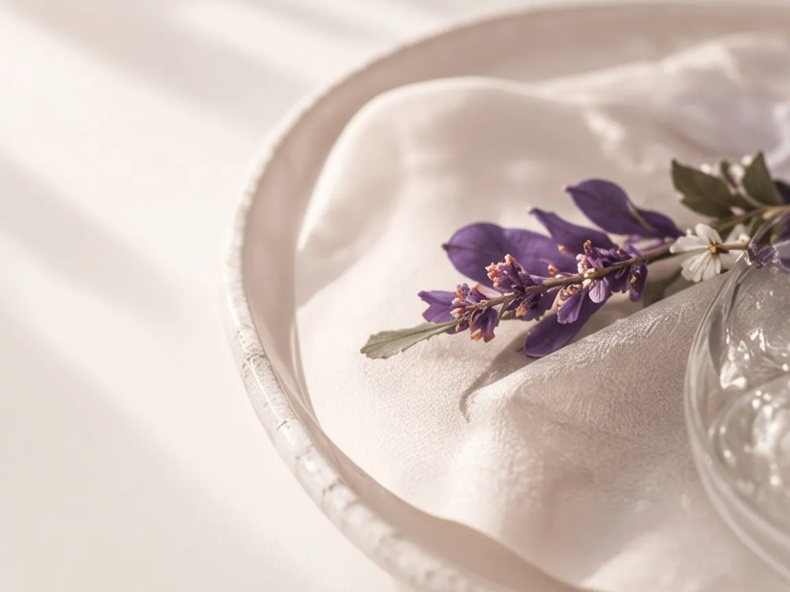 Leinenserviette mit einem Zweig Lavendel auf einem hellen Teller