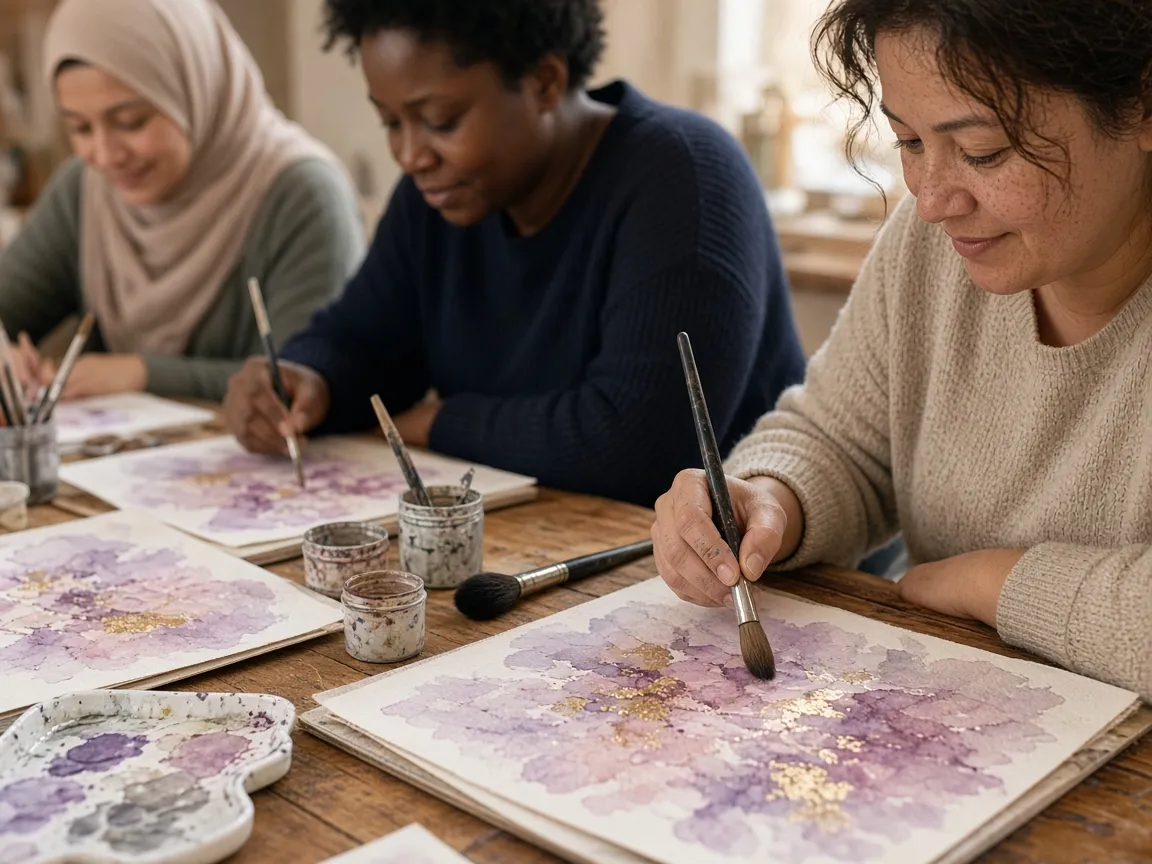 Frauen malen gemeinsam mit Aquarellfarben zarte Blüten in Lavendel- und Goldtönen