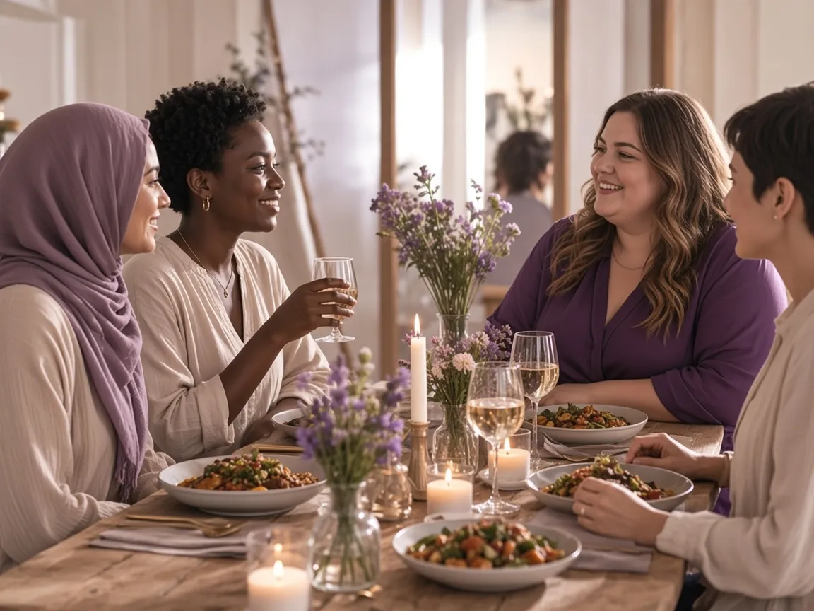 Frauen unterschiedlichen Alters und Herkunft sitzen bei Kerzenlicht und Lavendel an einer gedeckten Tafel und unterhalten sich